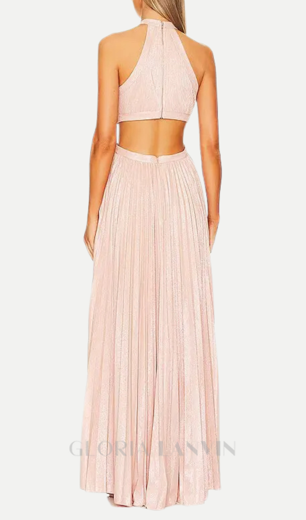 nancy halter cutout pleated gown in pale pink