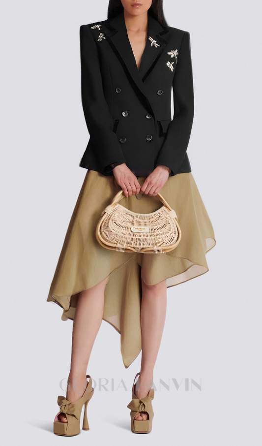 Blazer mit Libellenstickerei und Nagelbohrer-Motiv in Schwarz