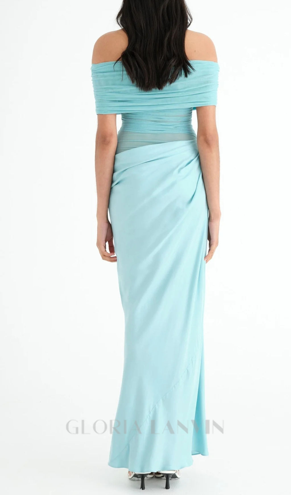 Robe longue en maille froncée à épaules dénudées bleue