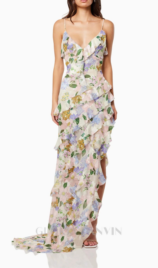 ROBE ROSE À VOLANTS ASYMÉTRIQUES IMPRIMÉS