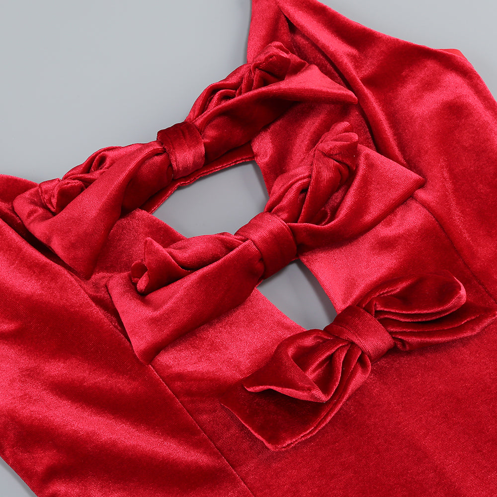 HILDA SAMTKLEID MIT SCHLEIFENVERZIERUNG IN ROT