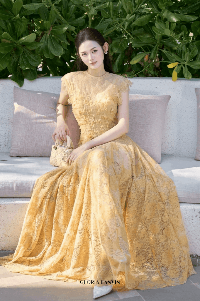 jennifer Lace Flower embellished maxi Dress in yellow