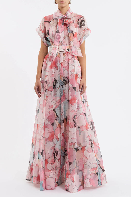 Robe longue en organza de soie à imprimé floral rose et multicolore