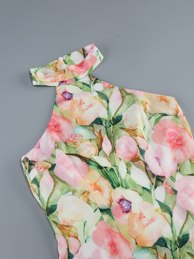 Robe midi asymétrique à fleurs rose et verte Sabina