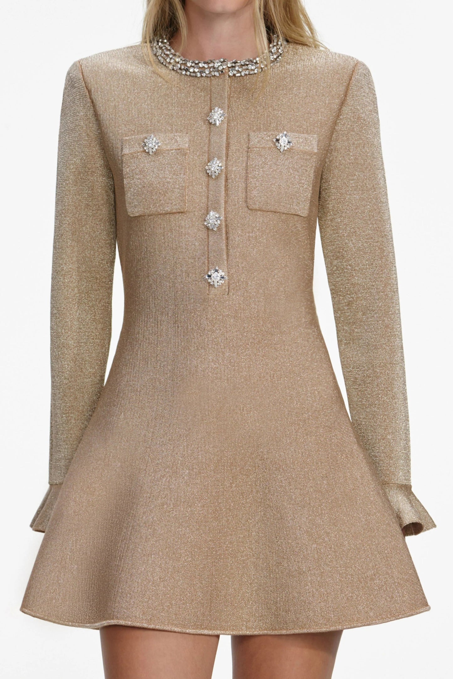 phoenix Gold Crystal Trim Knit Mini Dress