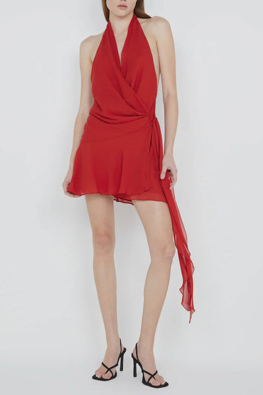 Robe mini rouge sans manches, dos nu, col en V et lacets