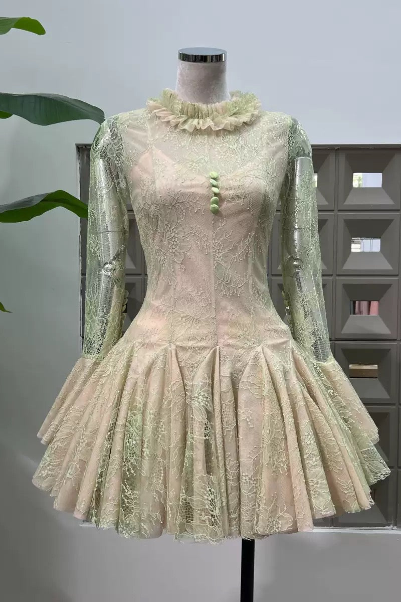 Grünes besticktes ausgestelltes Minikleid