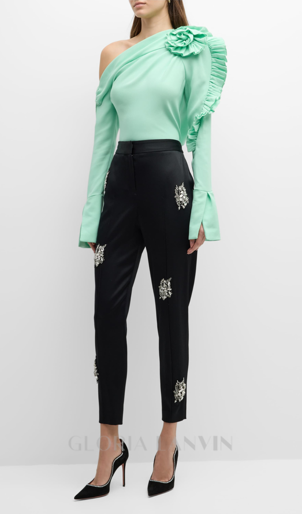 BELLE GRÜNES RÜSCHROSKETTEN-CROP-TOP MIT EINER SCHULTER