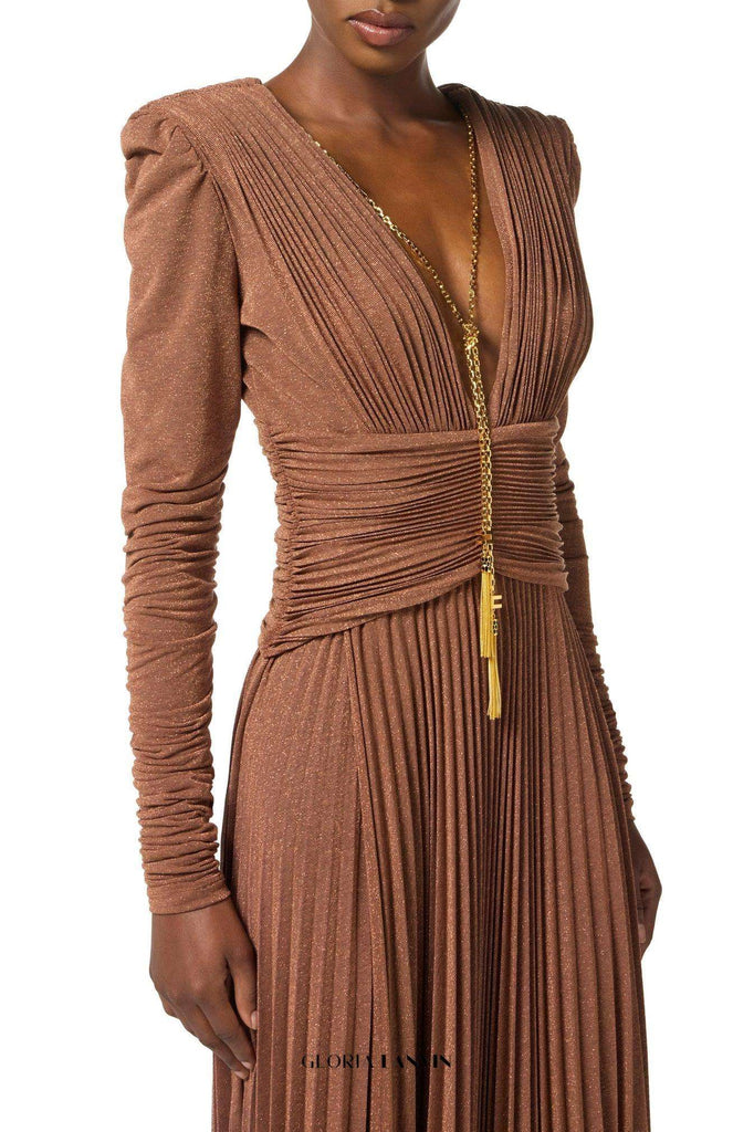 meroy Deep V puff sleeve pleated maxi dress in brown