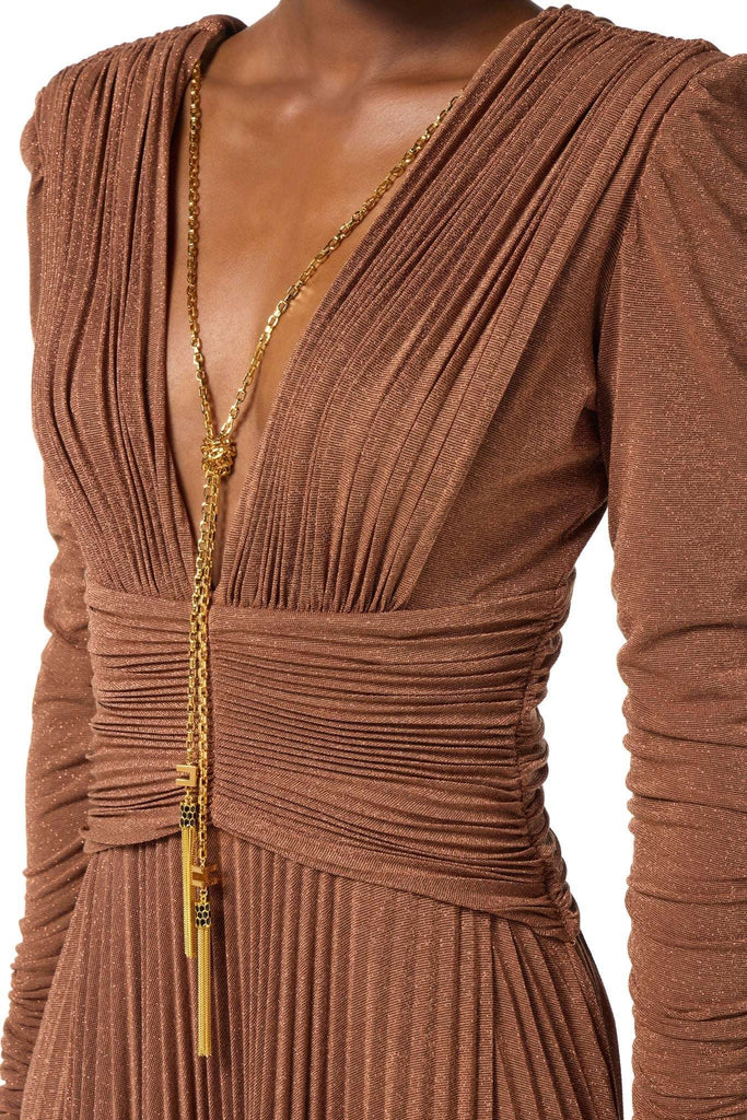 meroy Deep V puff sleeve pleated maxi dress in brown