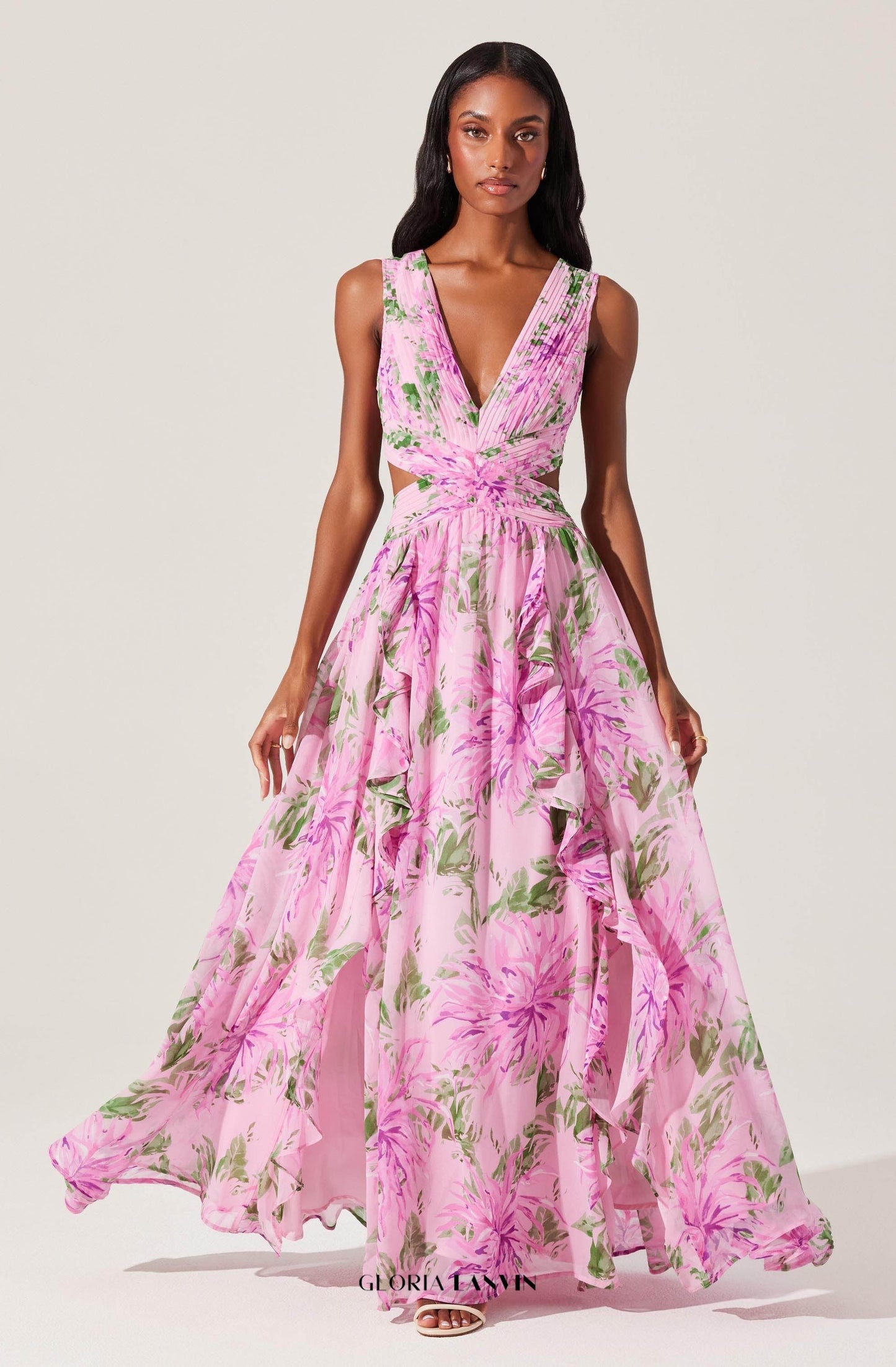 alyssa ruffle floral cutout maxi dress in pink