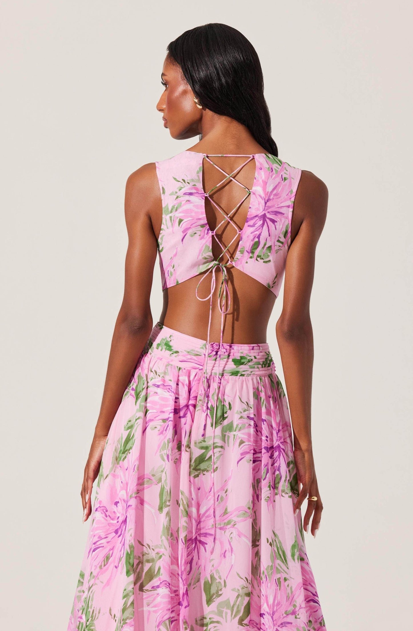 alyssa ruffle floral cutout maxi dress in pink