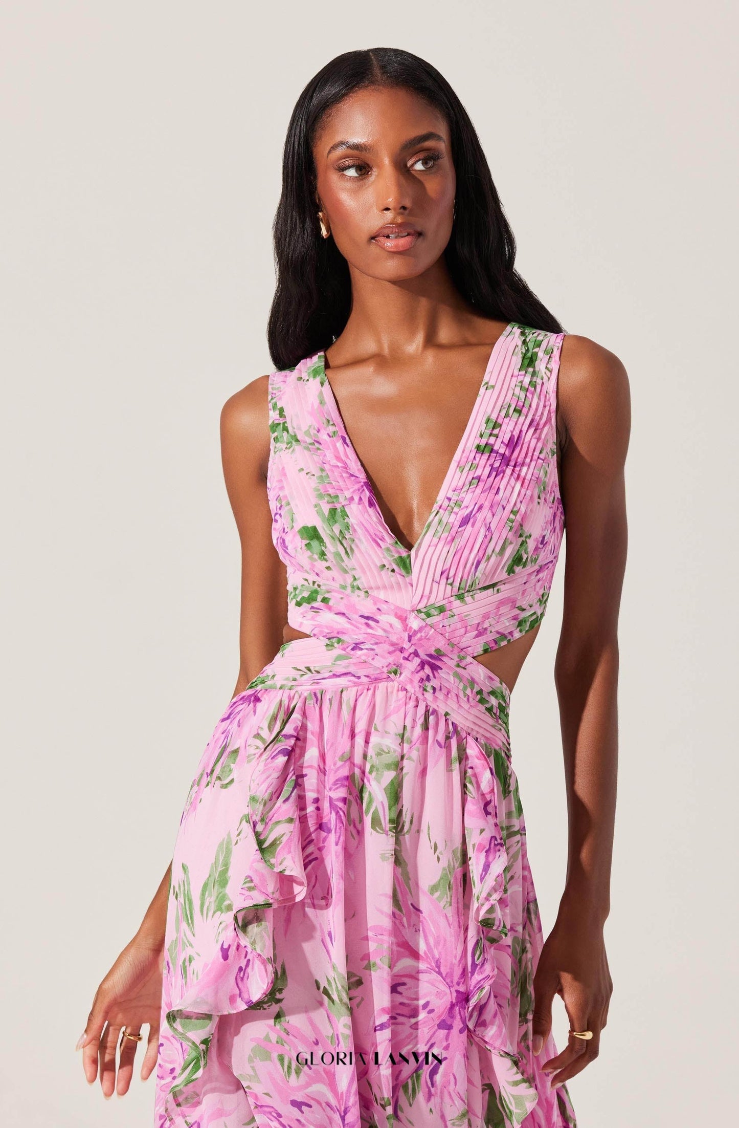 alyssa ruffle floral cutout maxi dress in pink