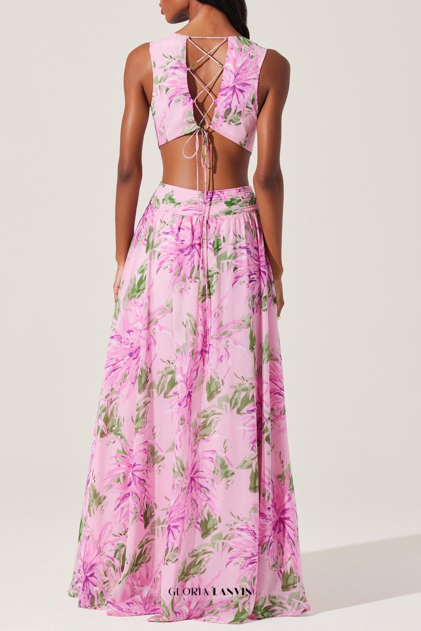 alyssa ruffle floral cutout maxi dress in pink