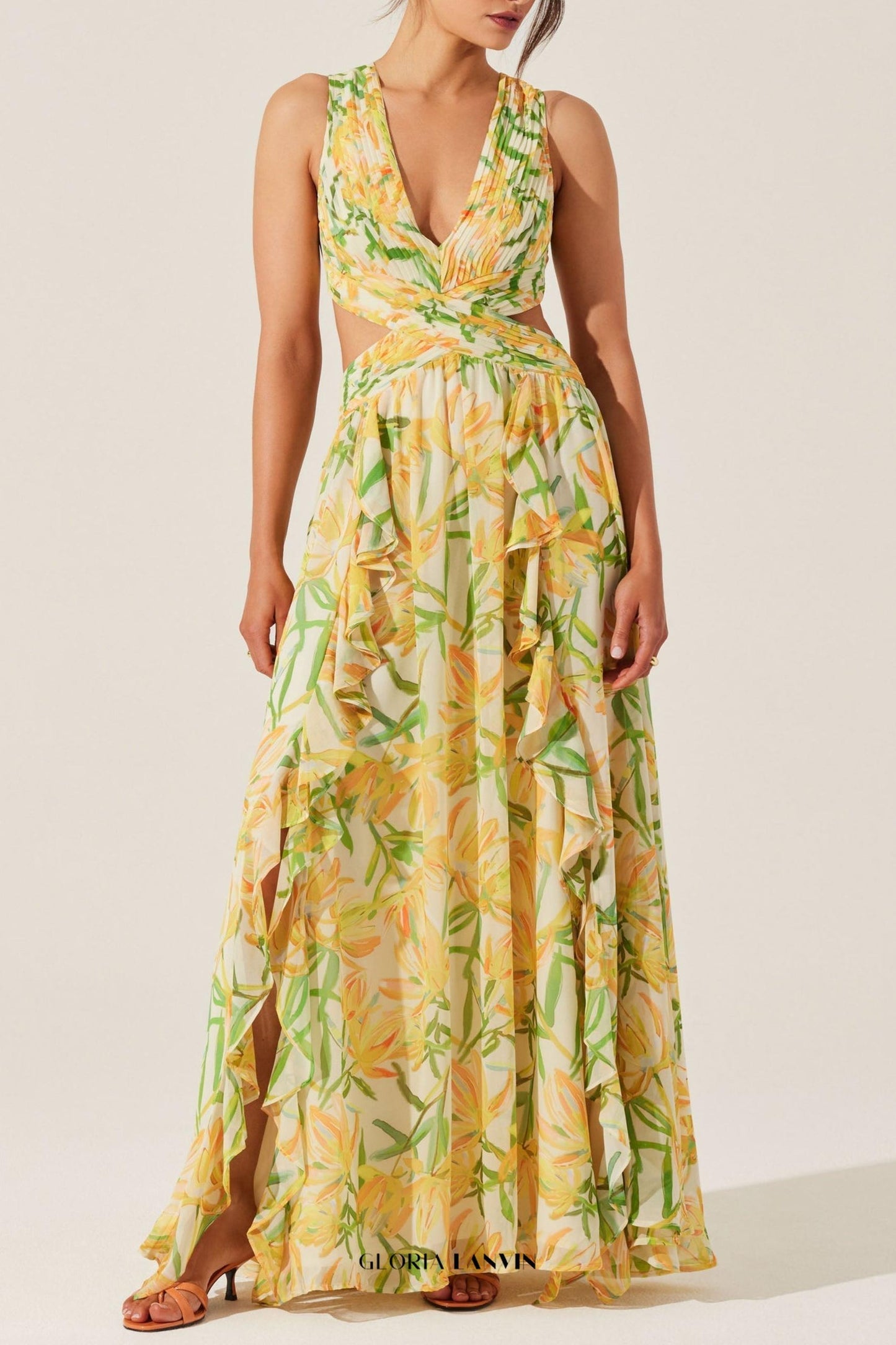alyssa ruffle floral cutout maxi dress in yellow