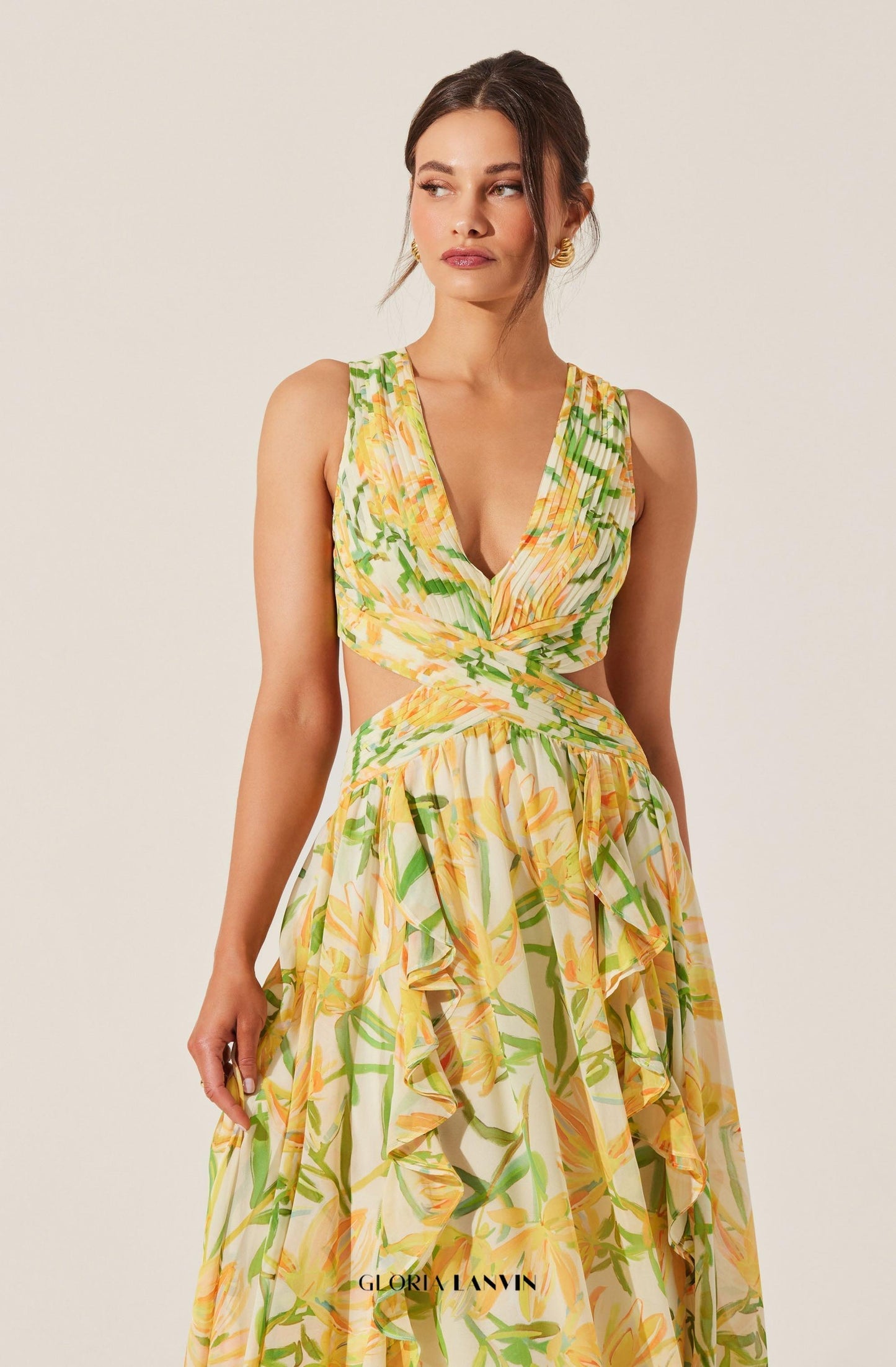 alyssa ruffle floral cutout maxi dress in yellow