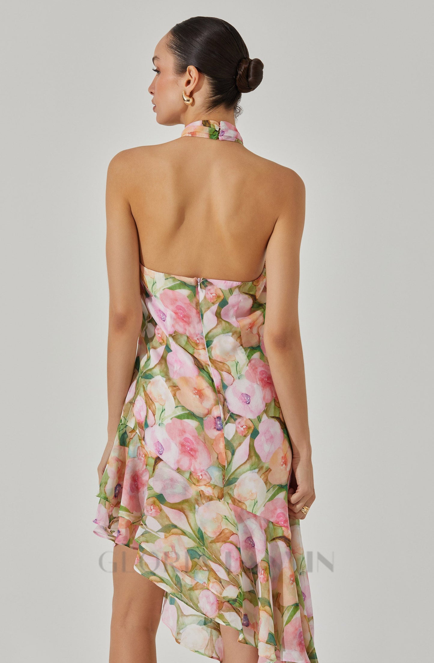 Robe midi asymétrique à fleurs rose et verte Sabina