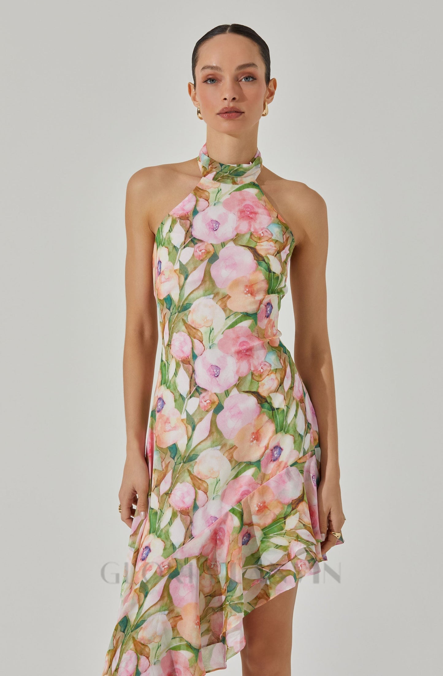 Robe midi asymétrique à fleurs rose et verte Sabina