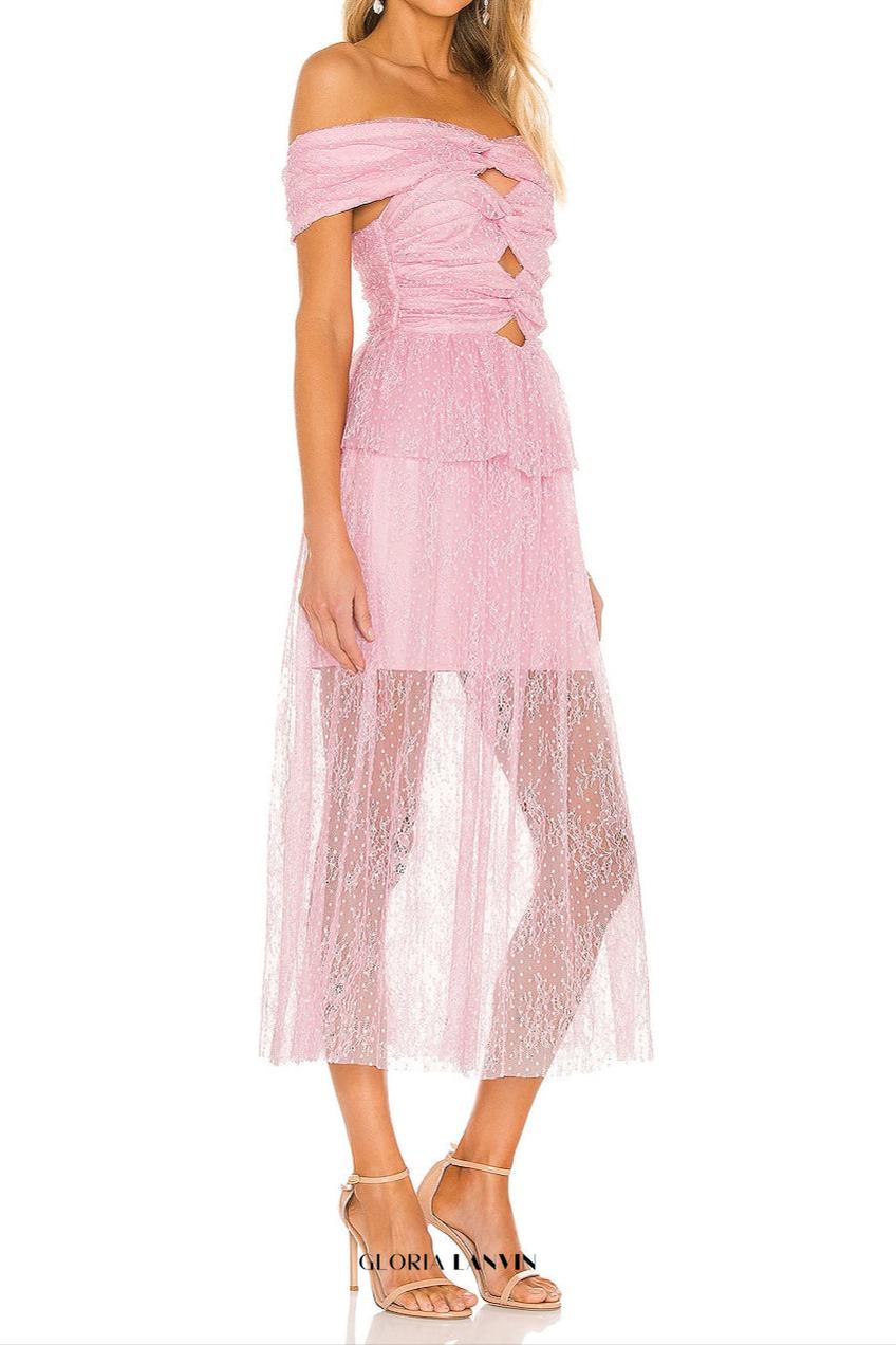 lace cutout strapless midi dress in lilac