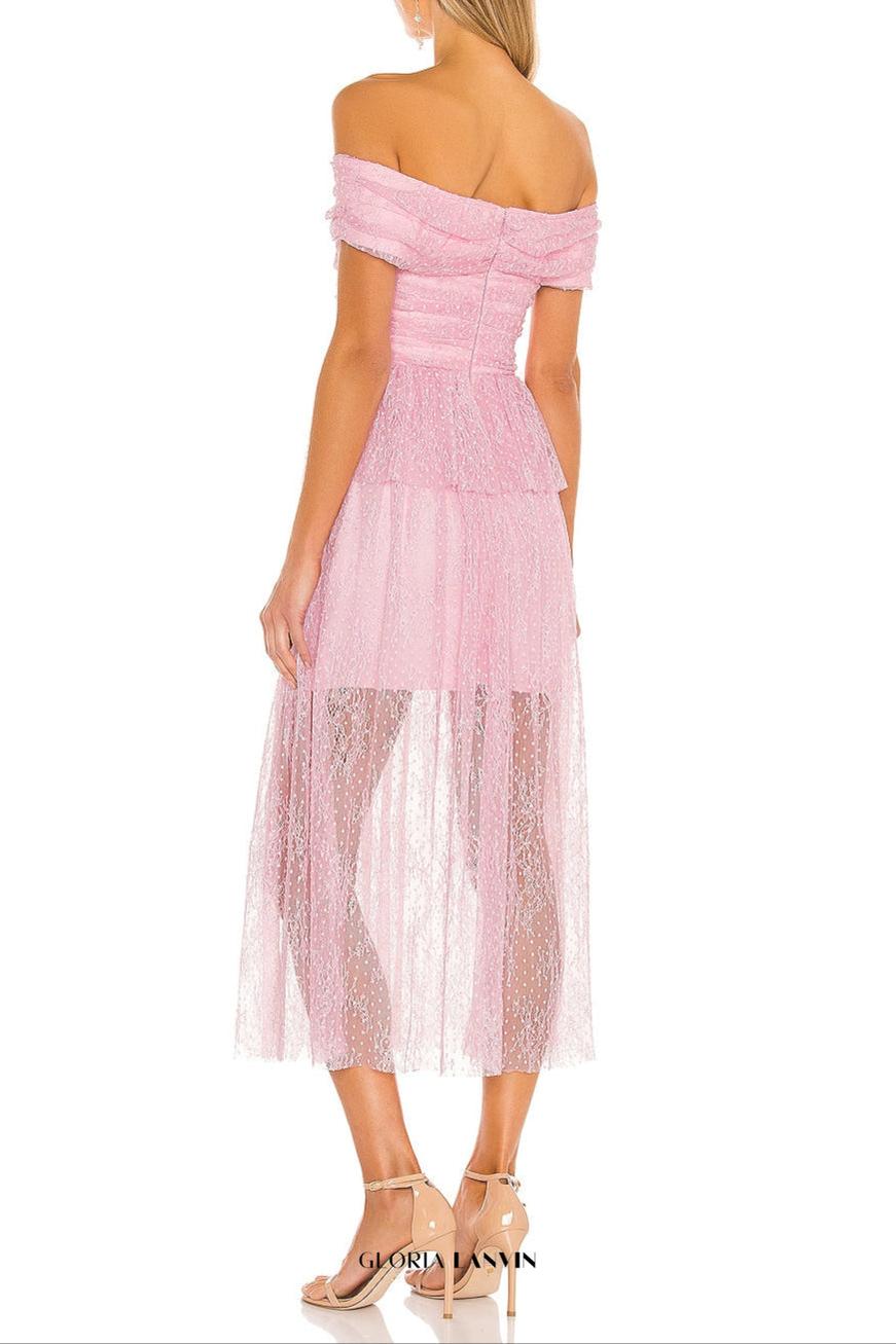 lace cutout strapless midi dress in lilac