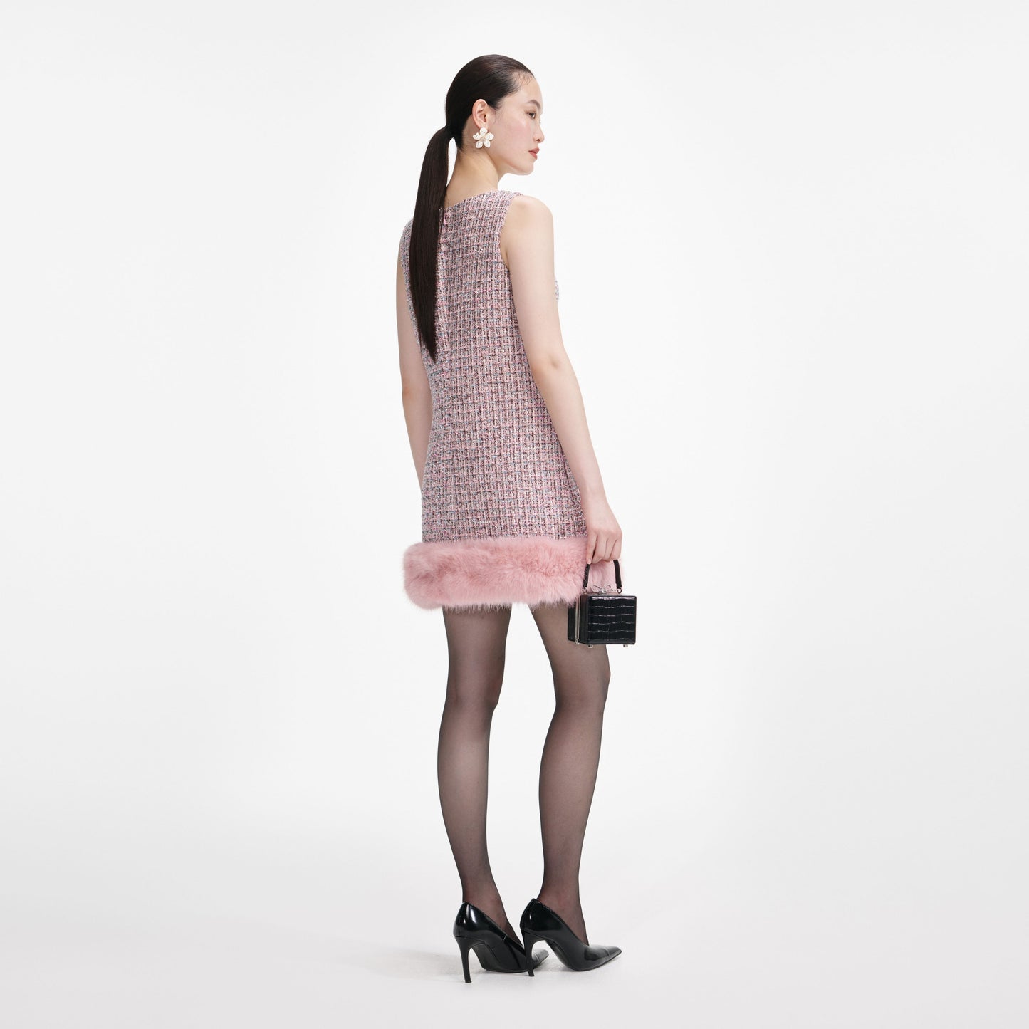 rosemary Pink Boucle Fur Hem Mini Dress