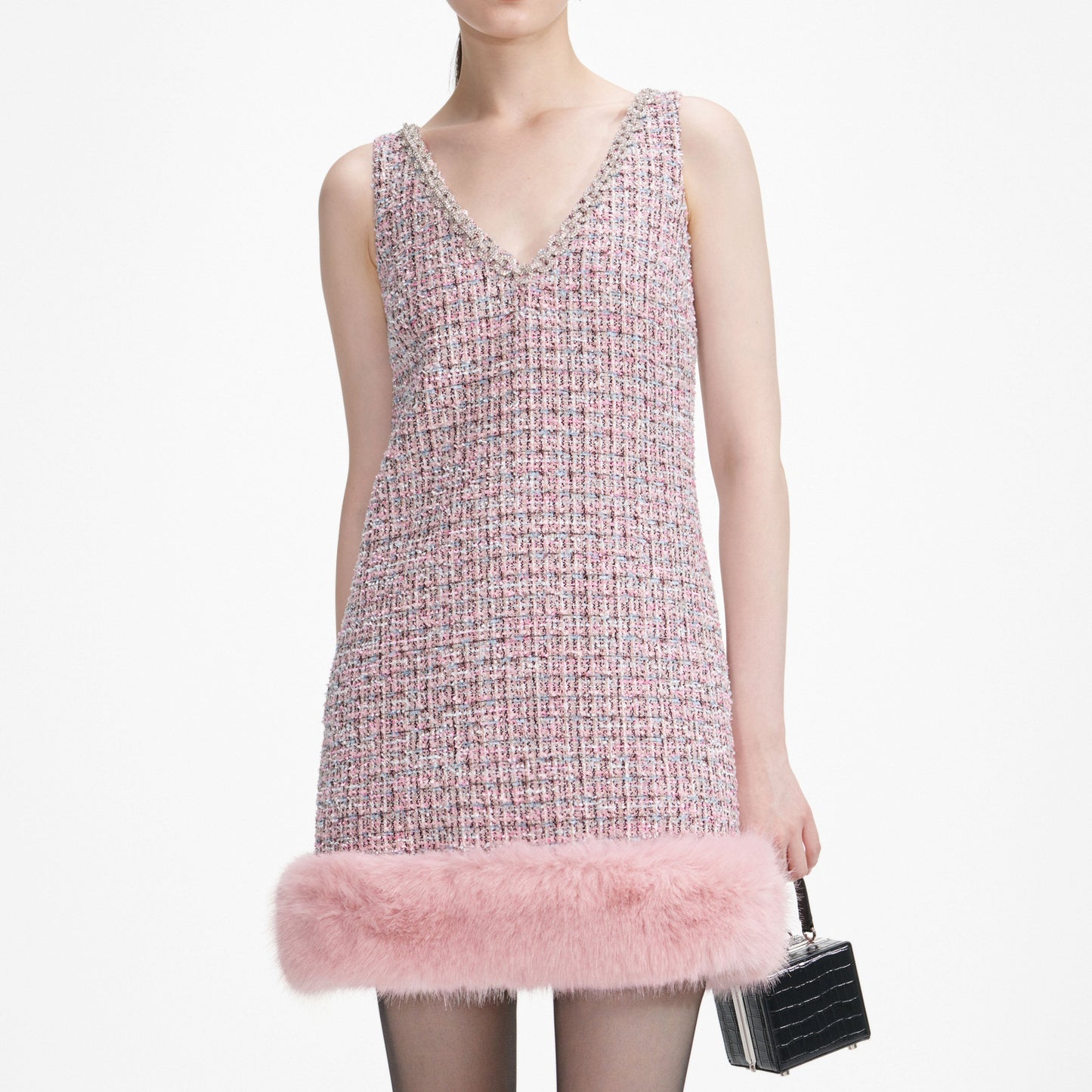 rosemary Pink Boucle Fur Hem Mini Dress