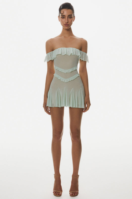 Charelle schulterfreies Rüschen-Minikleid