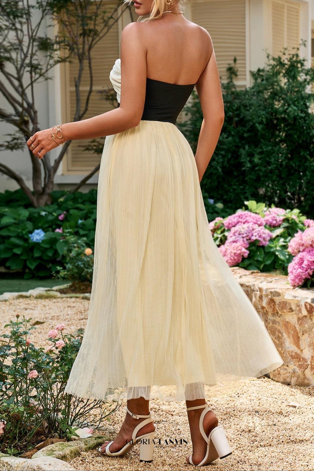 Contrast Ruched Bust Mesh Midi Tube Dress