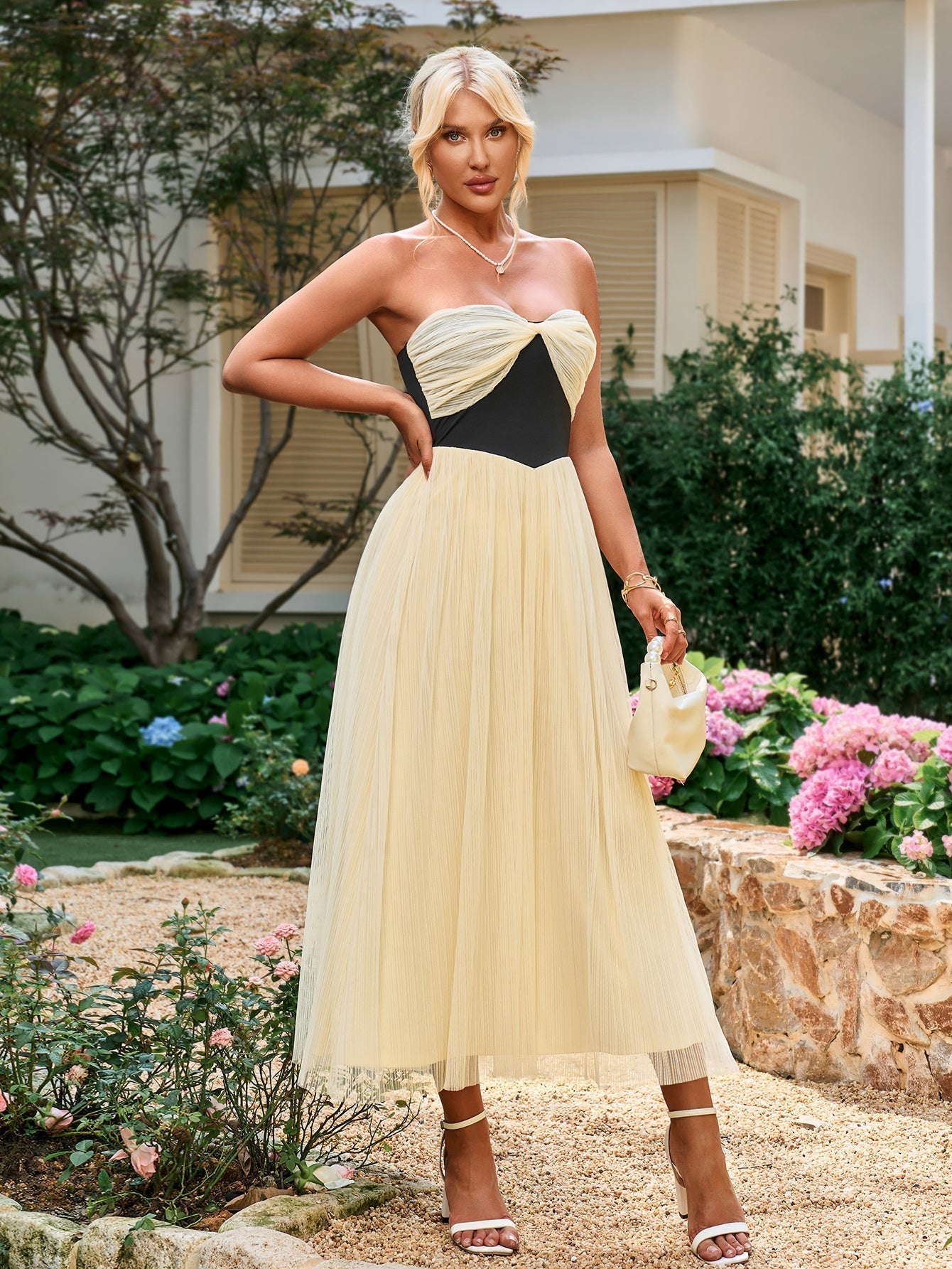 Contrast Ruched Bust Mesh Midi Tube Dress