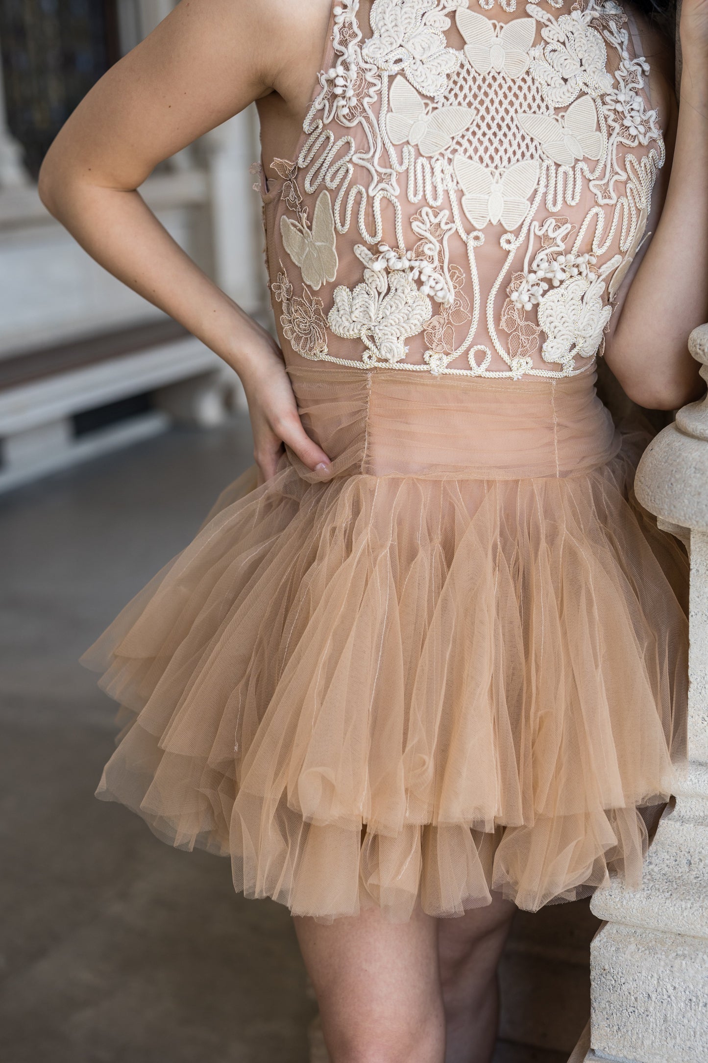 Ballerina | Beiges Tüll-Minikleid mit 3D-Applikation