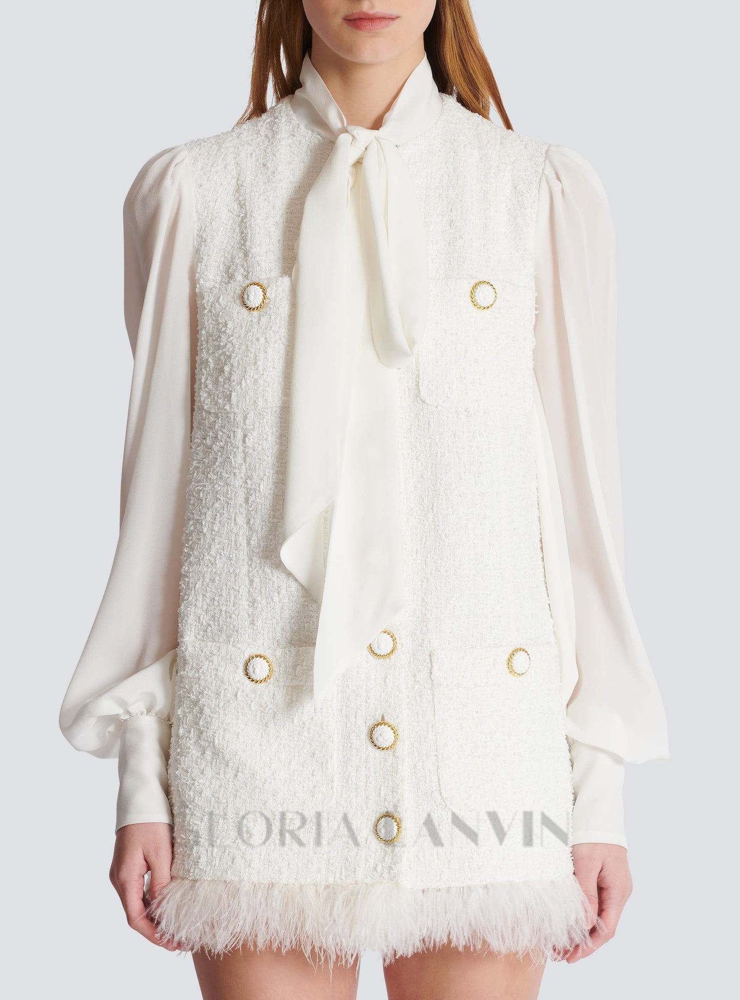 Weißes Tweed-Minikleid mit Schleifenkragen