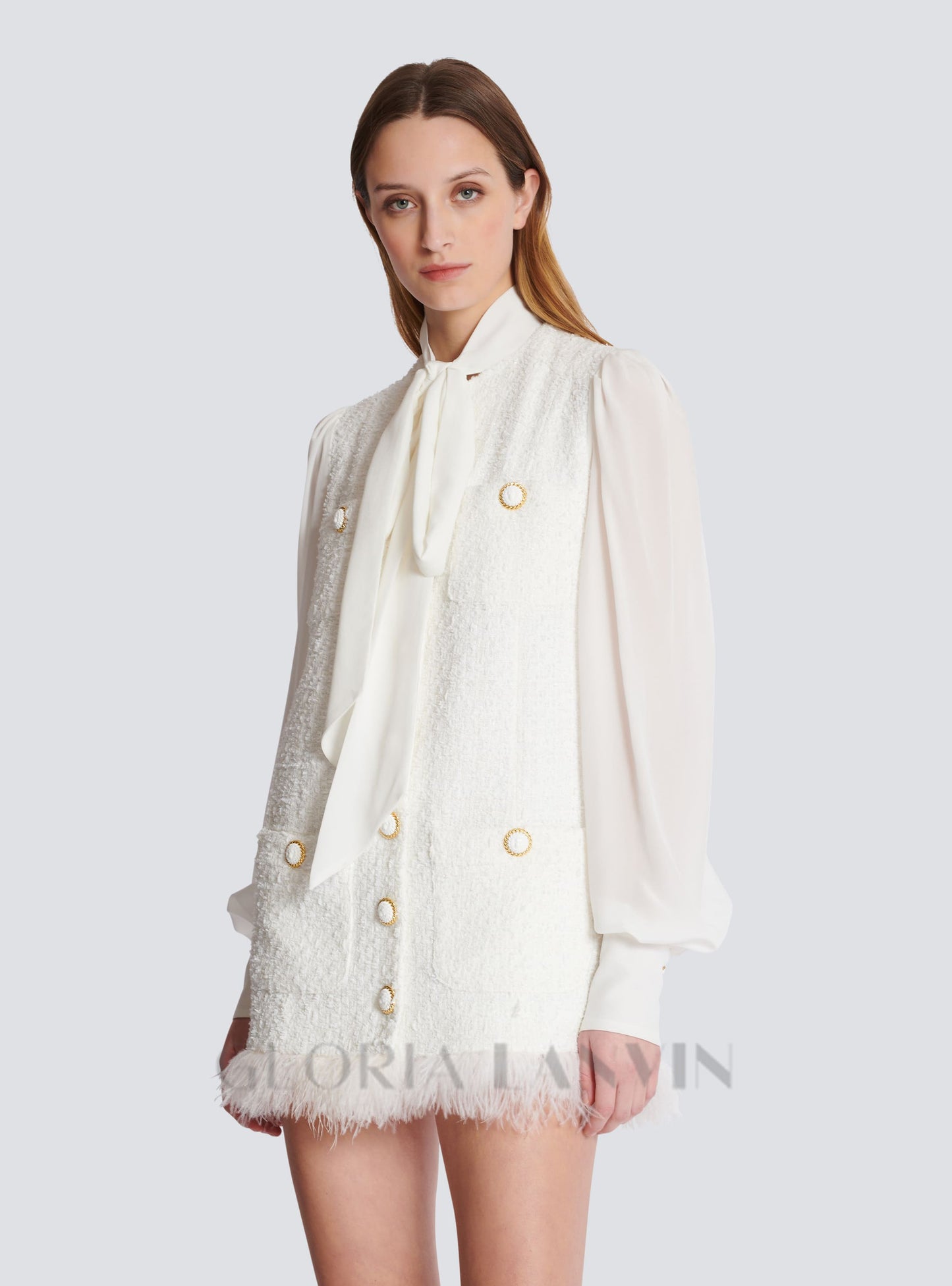 Weißes Tweed-Minikleid mit Schleifenkragen