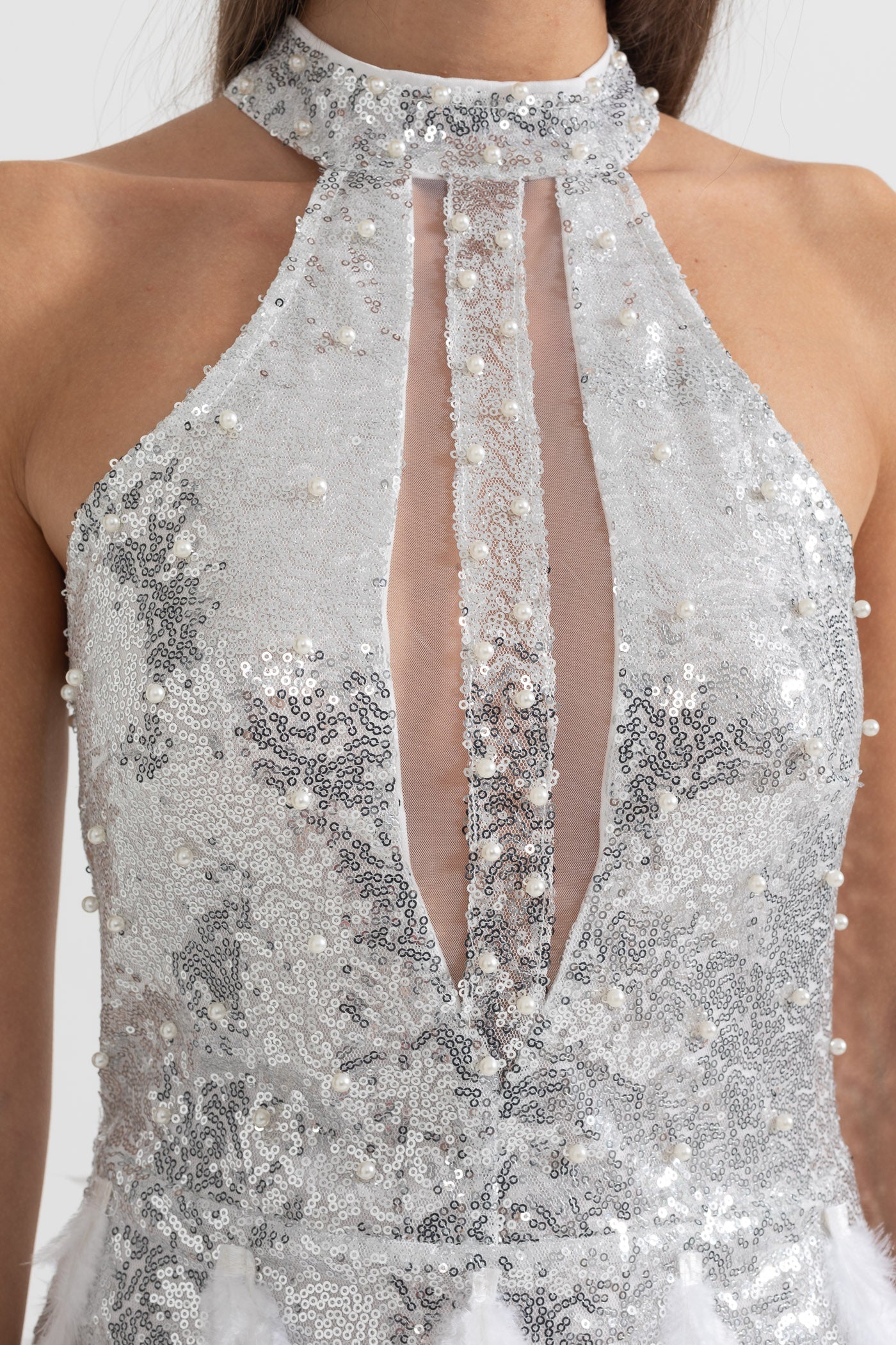 setlla Shimmering Sequin Cutouts Feathers Mini Dress - Silver