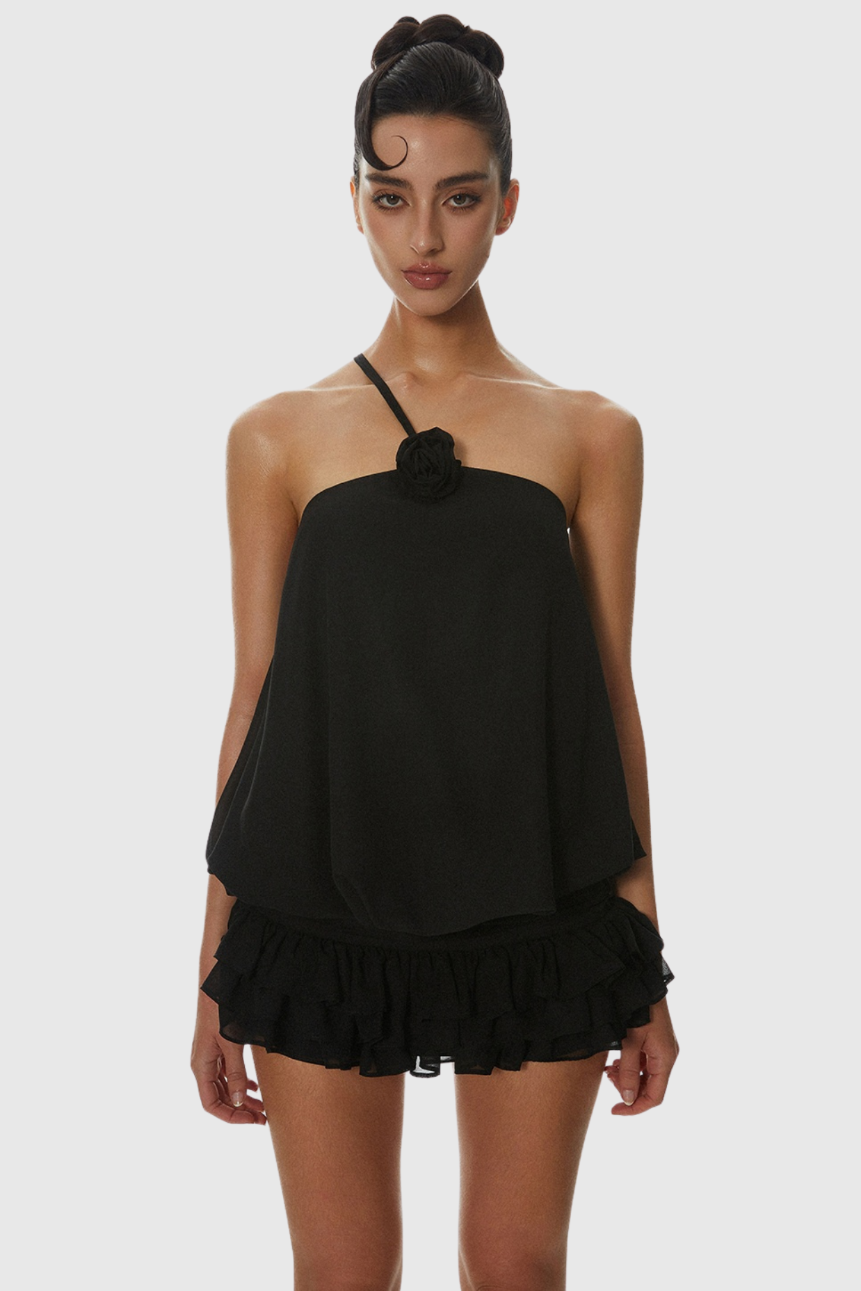 Dellesa Floral One Shoulder Top - Black