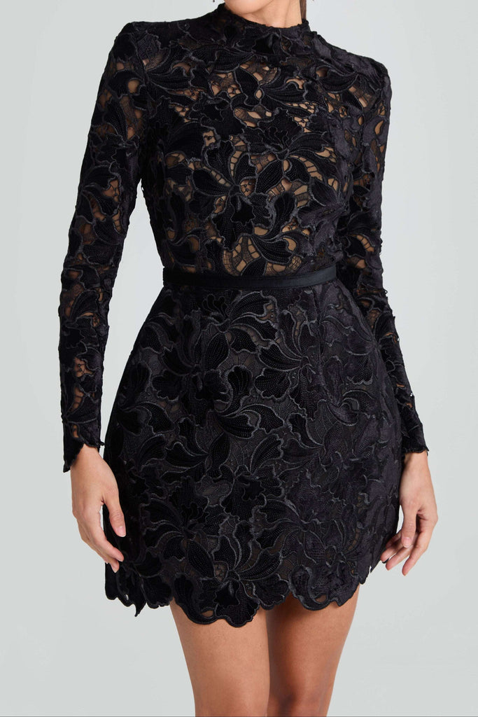 sherry Long-sleeved zippered lace mini dress in black