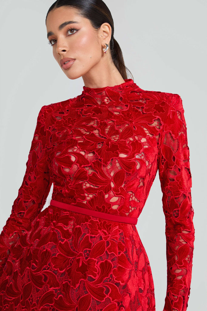 sherry Long-sleeved zippered lace mini dress in red