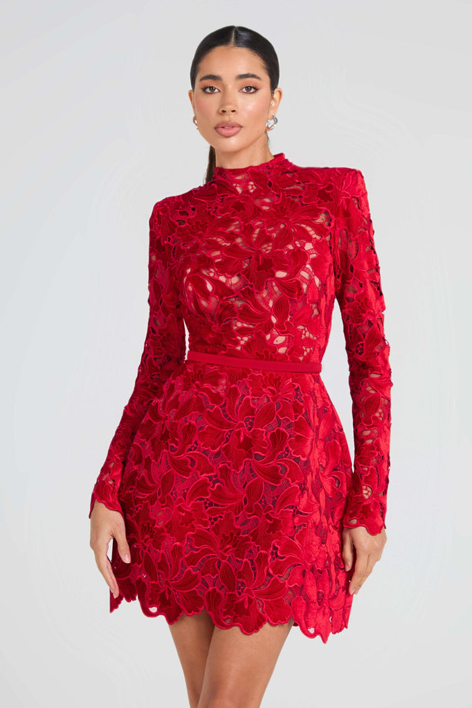 sherry Long-sleeved zippered lace mini dress in red