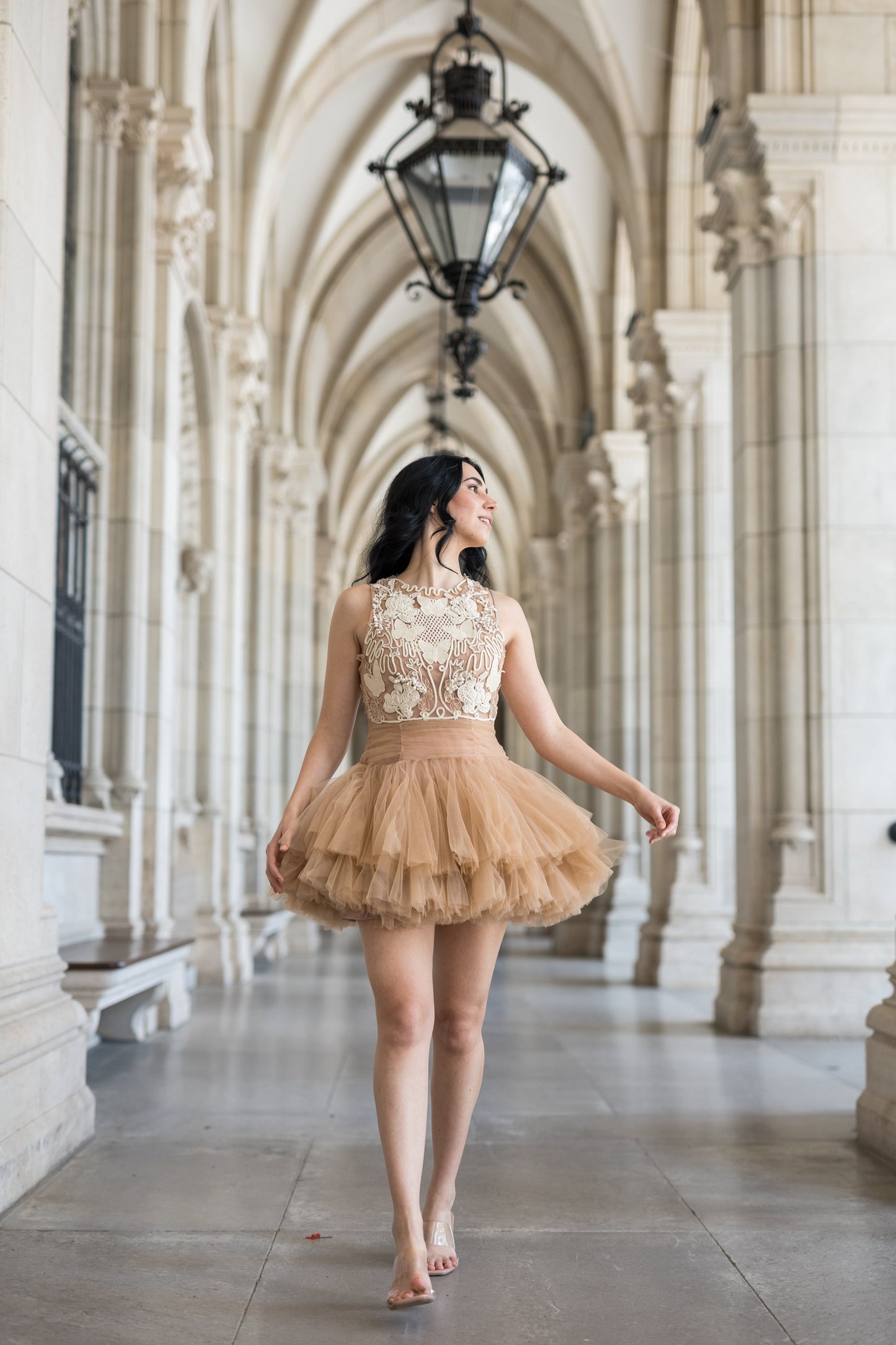 Ballerina | Beiges Tüll-Minikleid mit 3D-Applikation