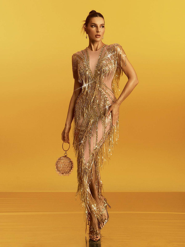 roberta Fringe Sequin Crystal Maxi Dress In Gold