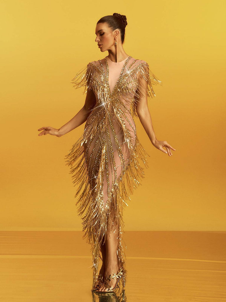 roberta Fringe Sequin Crystal Maxi Dress In Gold