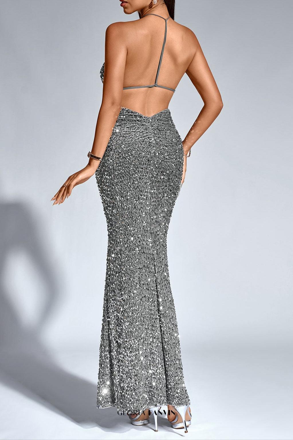 Halter Stereo Flower Sequin Mermaid Dress