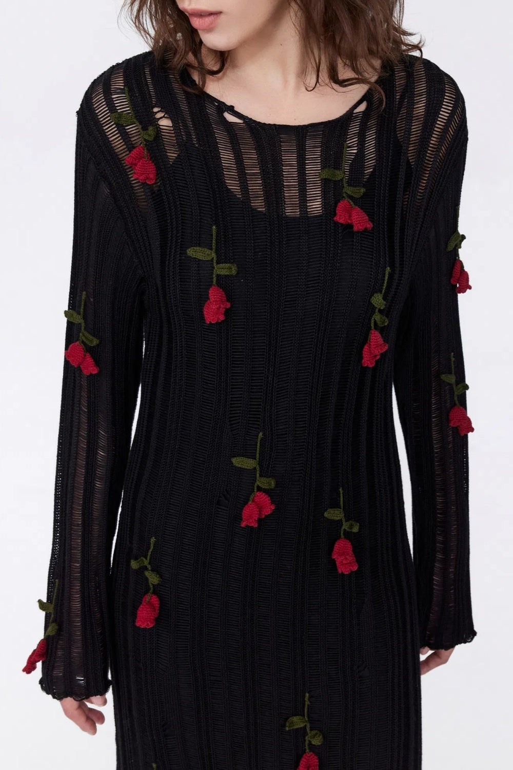 Hilaria Rose Handgefertigtes Strick-Midikleid in Schwarz