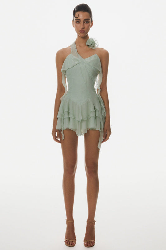 Kyrie Neckholder-Minikleid mit Blumenrüschen - Grün