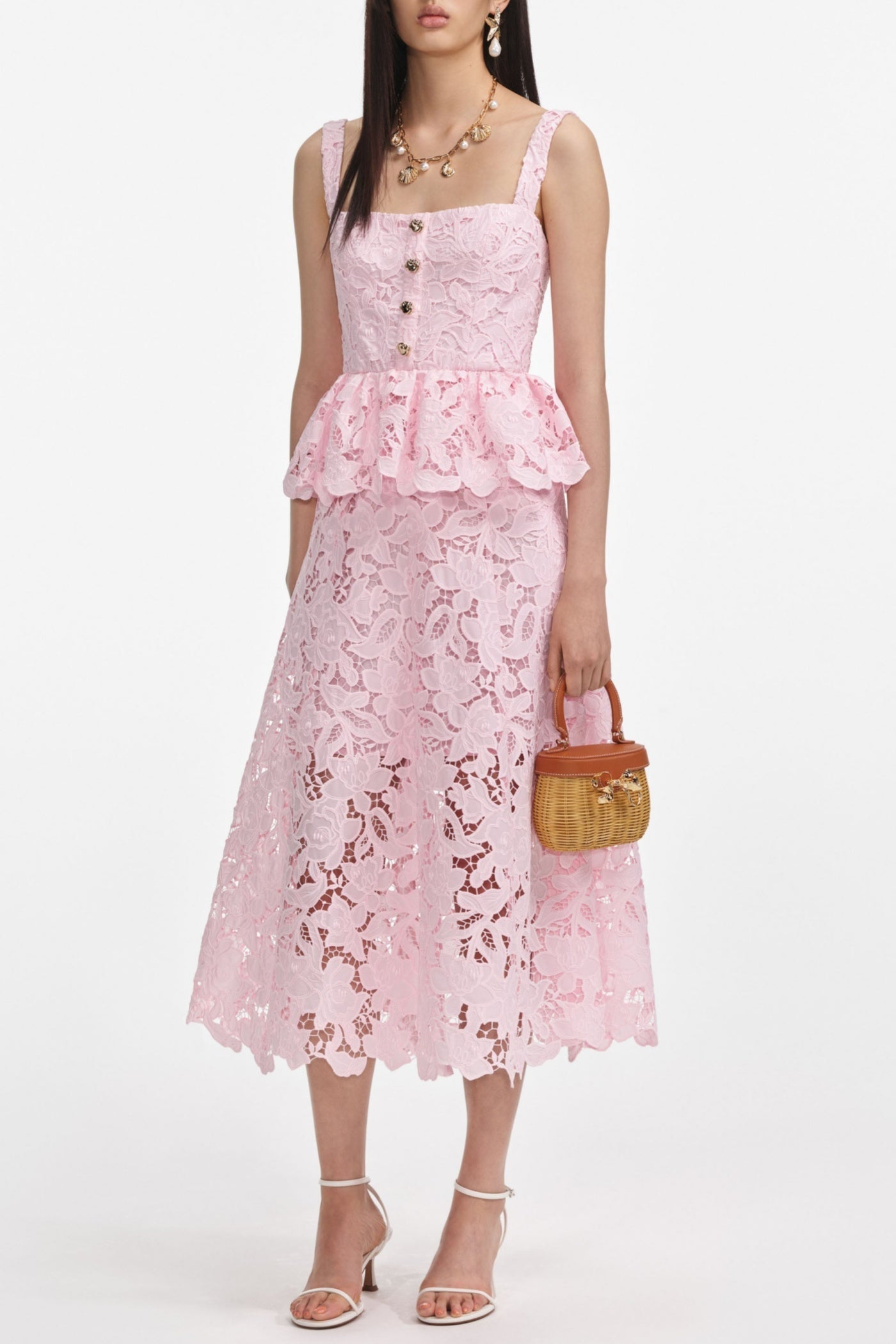 Rosa Midikleid aus Spitze mit Schößchen