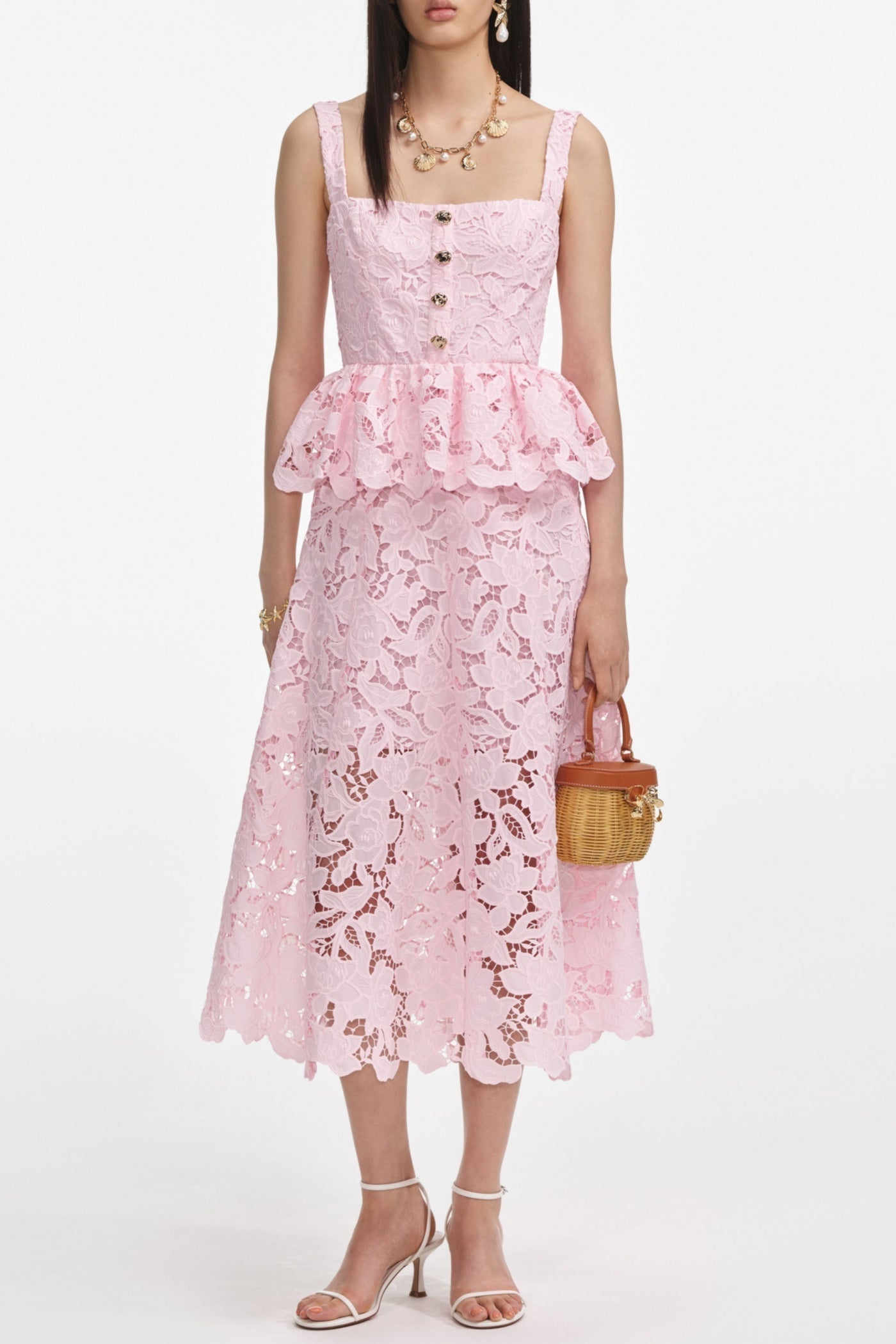 Rosa Midikleid aus Spitze mit Schößchen