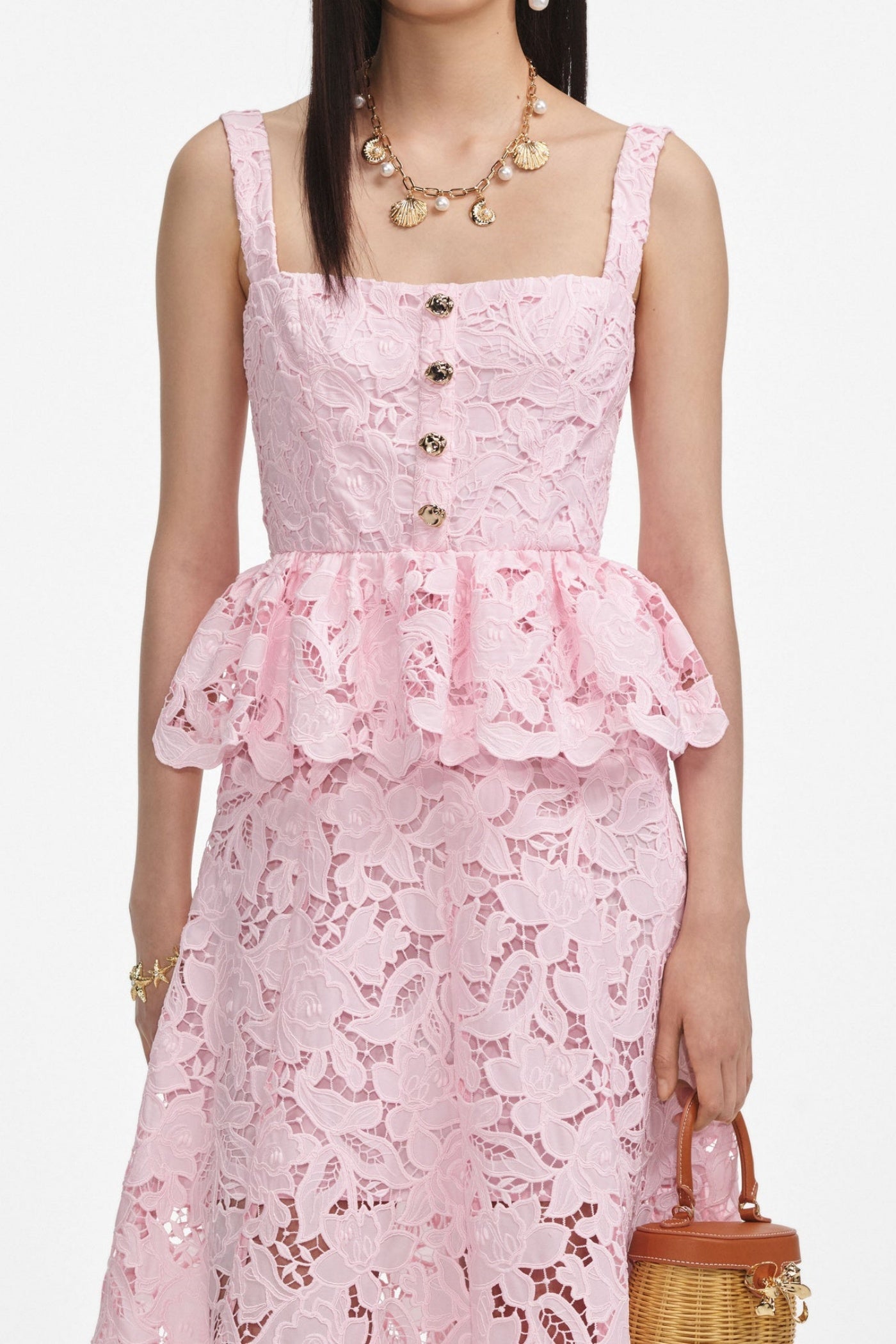 Rosa Midikleid aus Spitze mit Schößchen