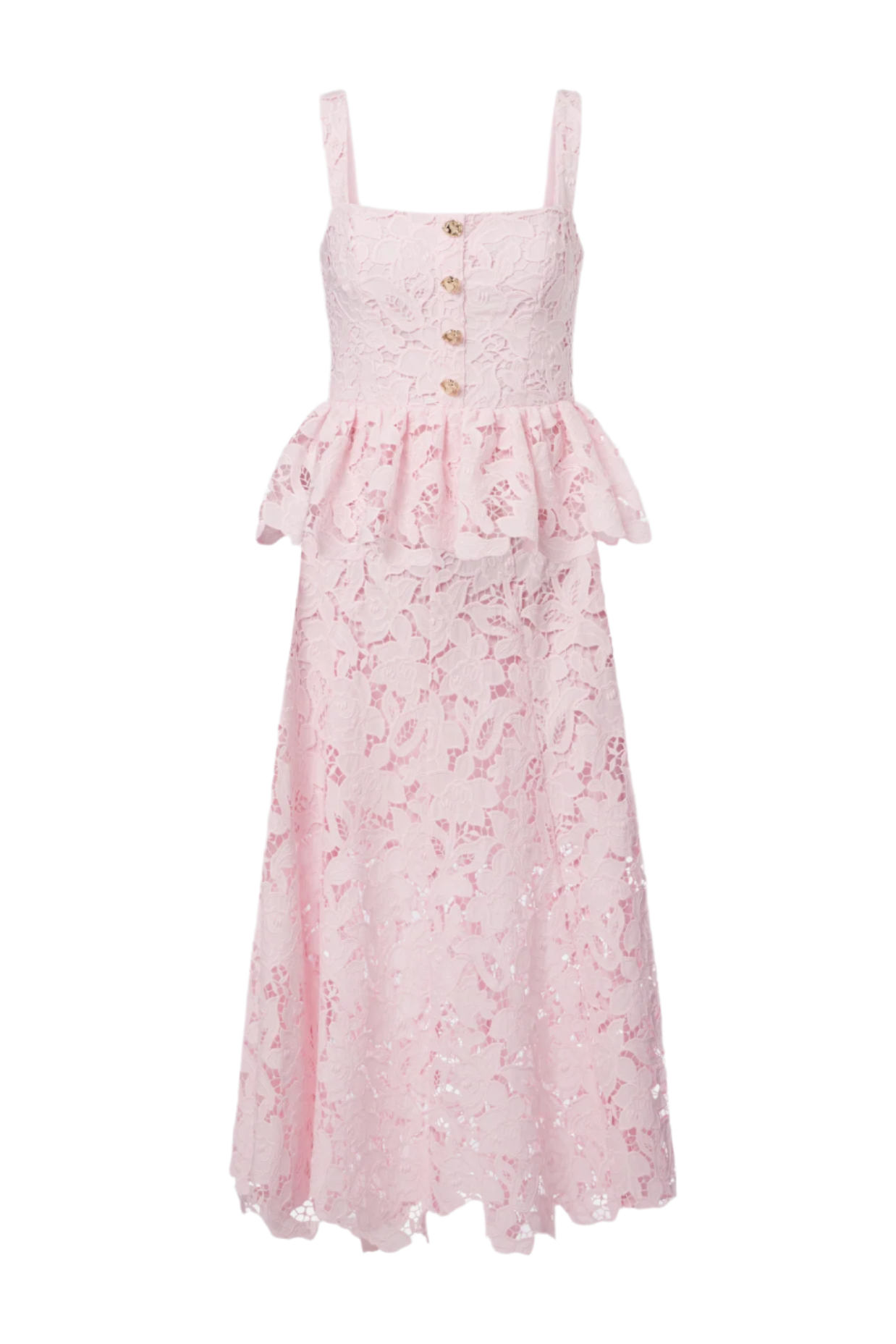 Rosa Midikleid aus Spitze mit Schößchen