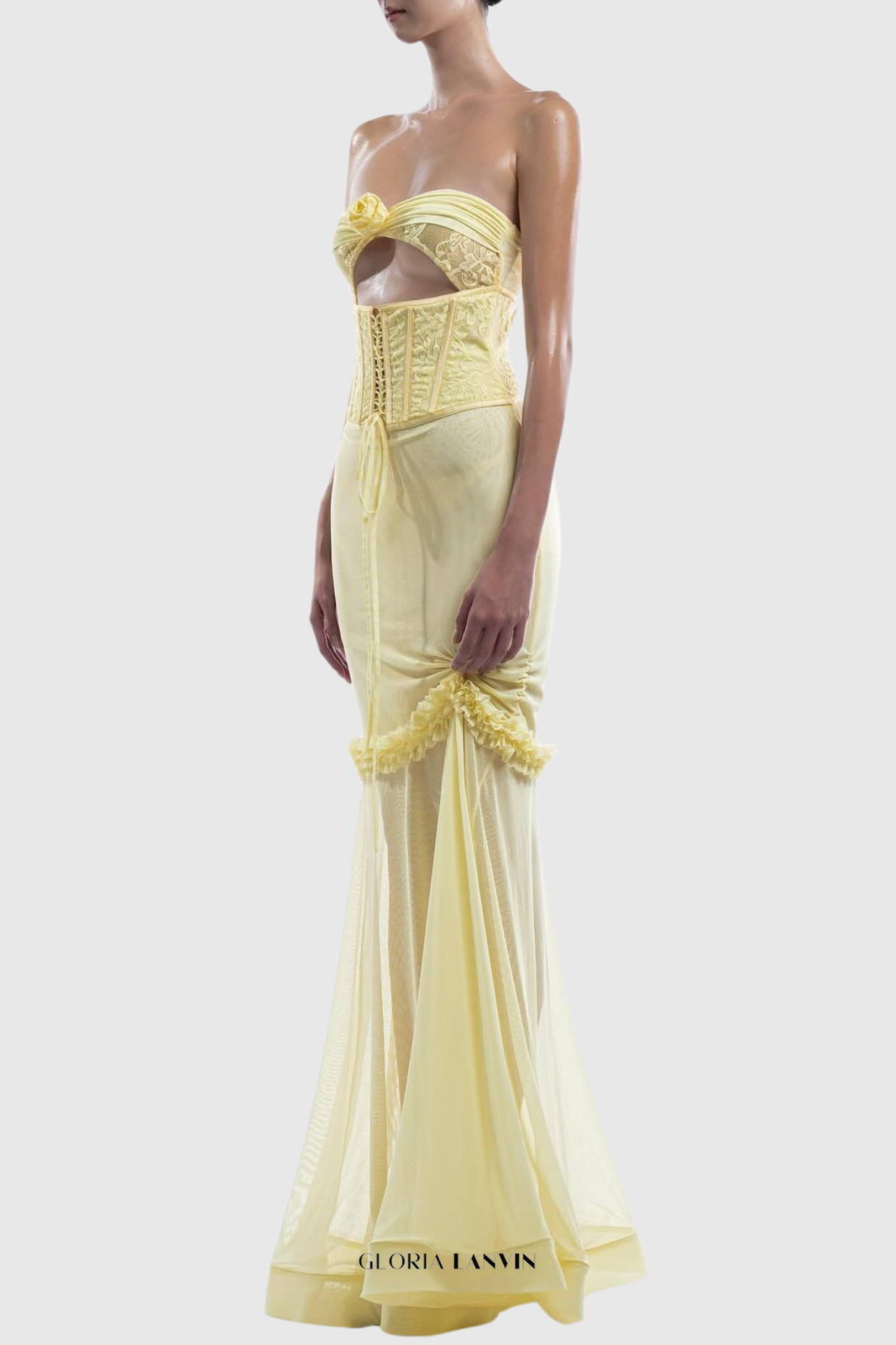 Mesh Cutout Corset Maxi Dress - Yellow