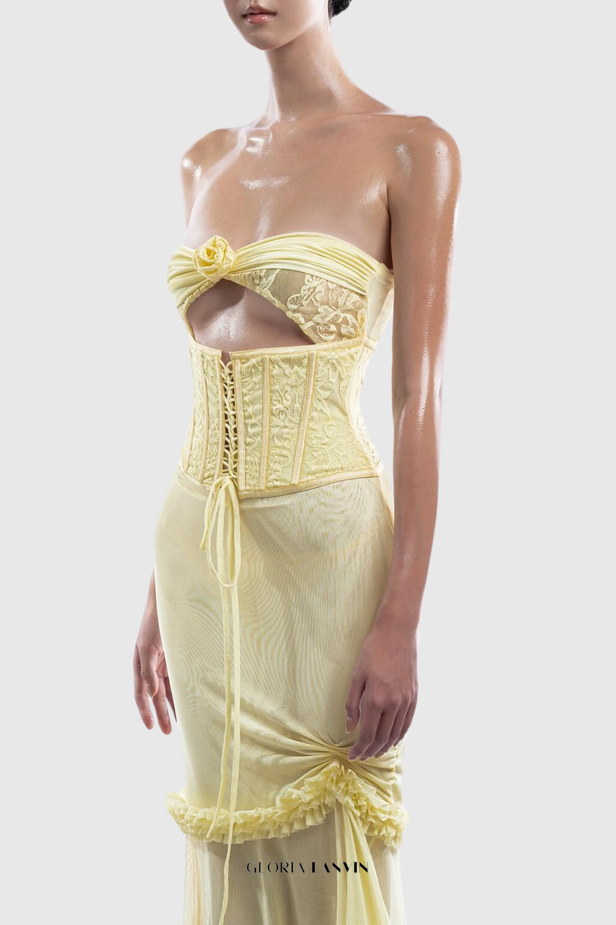 Mesh Cutout Corset Maxi Dress - Yellow