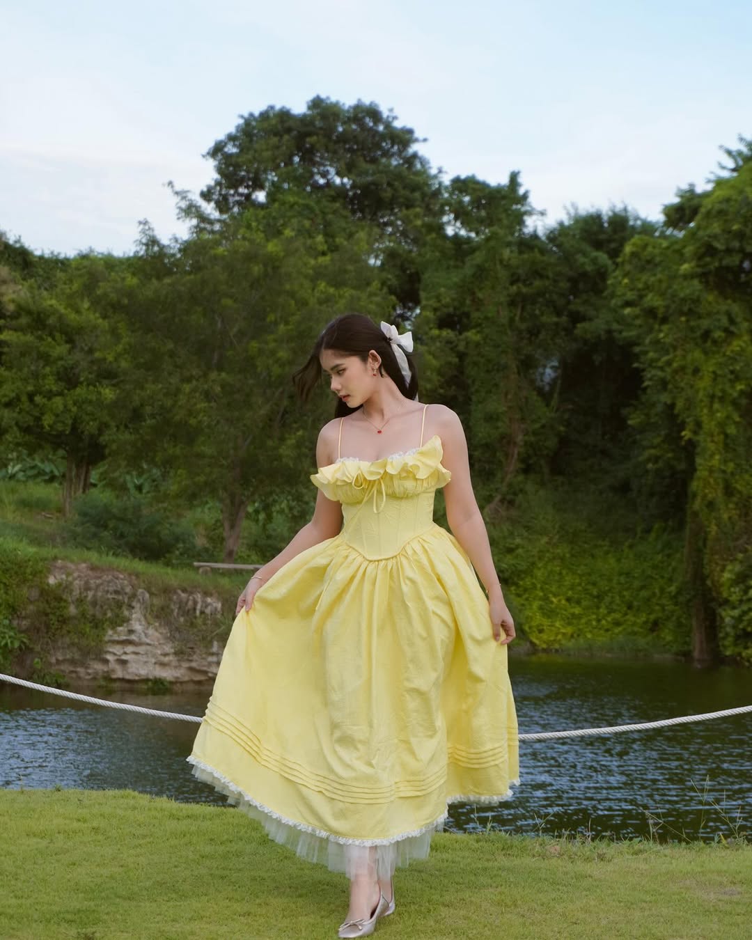ruffle corset puffy maxi dress in yellow